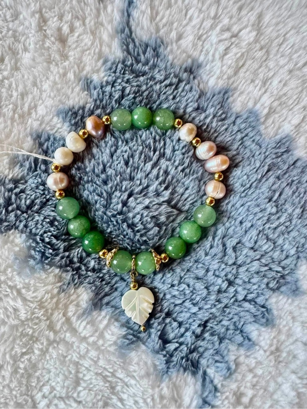 Green Jade and Pearl Beaded Bracelet with Mother-of-Pearl Leaf Charm